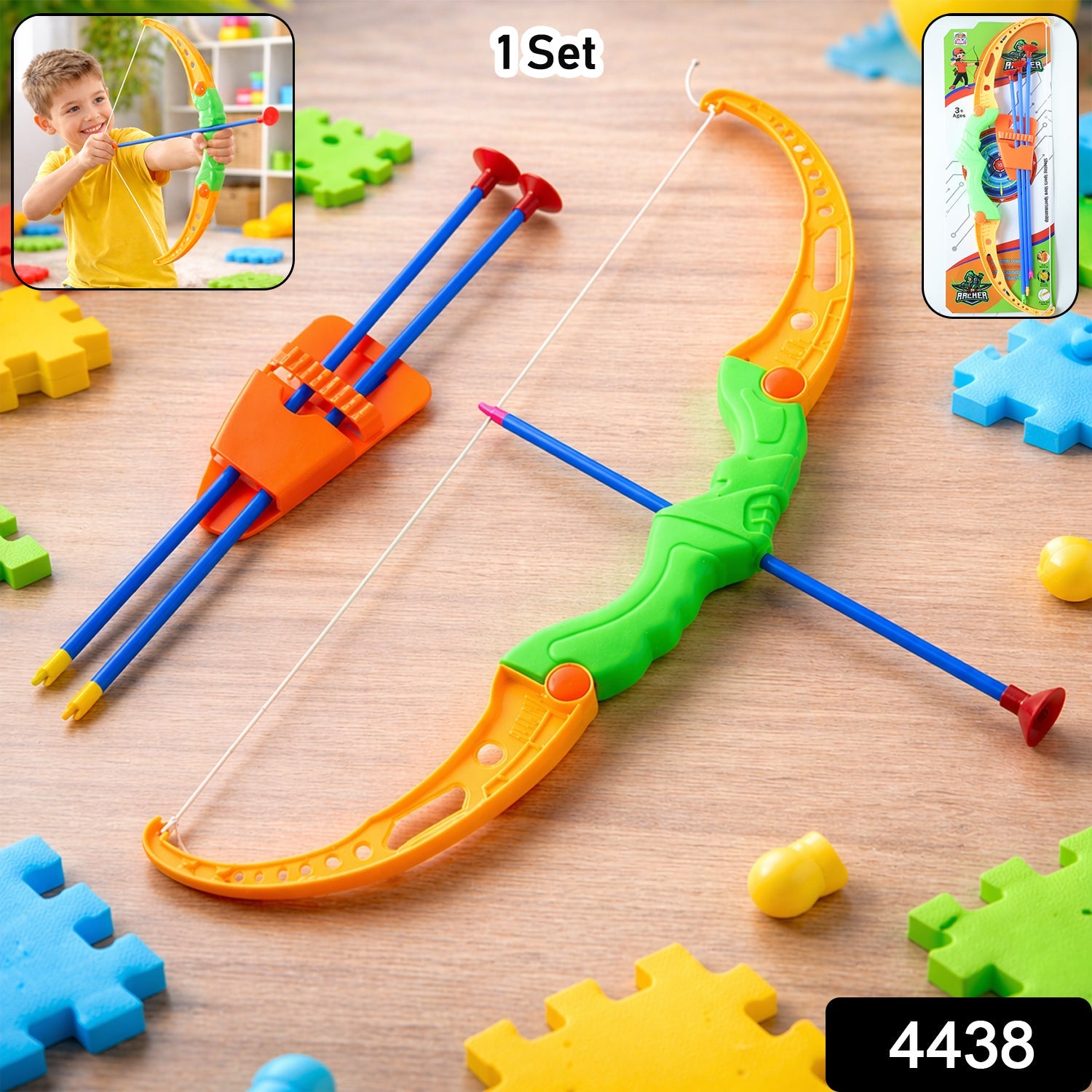 Close-up of a child's hand holding a yellow toy bow and arrow, ready for target practice.