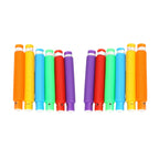 Child's hands stretching a yellow pop tube, demonstrating its flexibility.