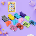 12-piece set of colorful mini pull back cars and aeroplanes displayed together.