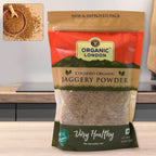 Organic jaggery powder 500g packaging with natural theme on display