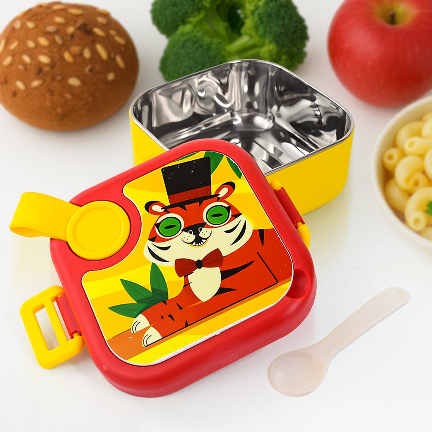 Kids stainless steel lunch box with vibrant tiger cartoon design