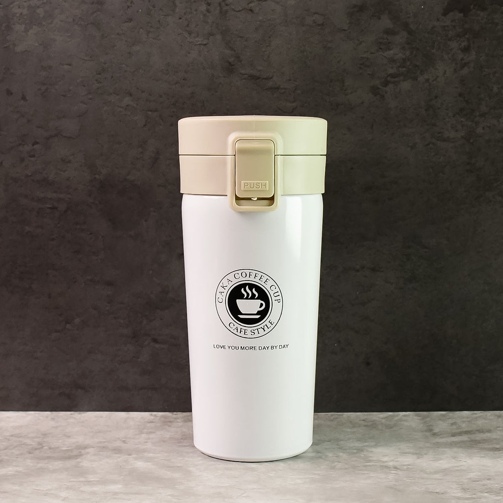 Close-up of stainless steel vacuum insulated coffee flask showing specifications