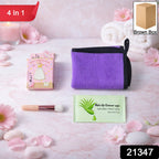 Indian woman using the gentle makeup remover wipe and soft cleansing cloth from the beauty care set.