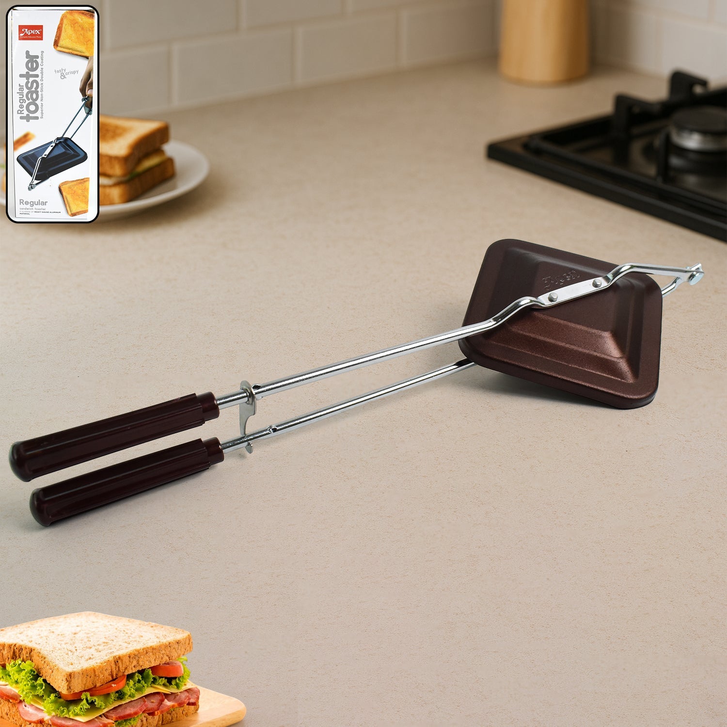Gas Stove Sandwich Toaster making crispy grilled sandwich with non-stick surface.
