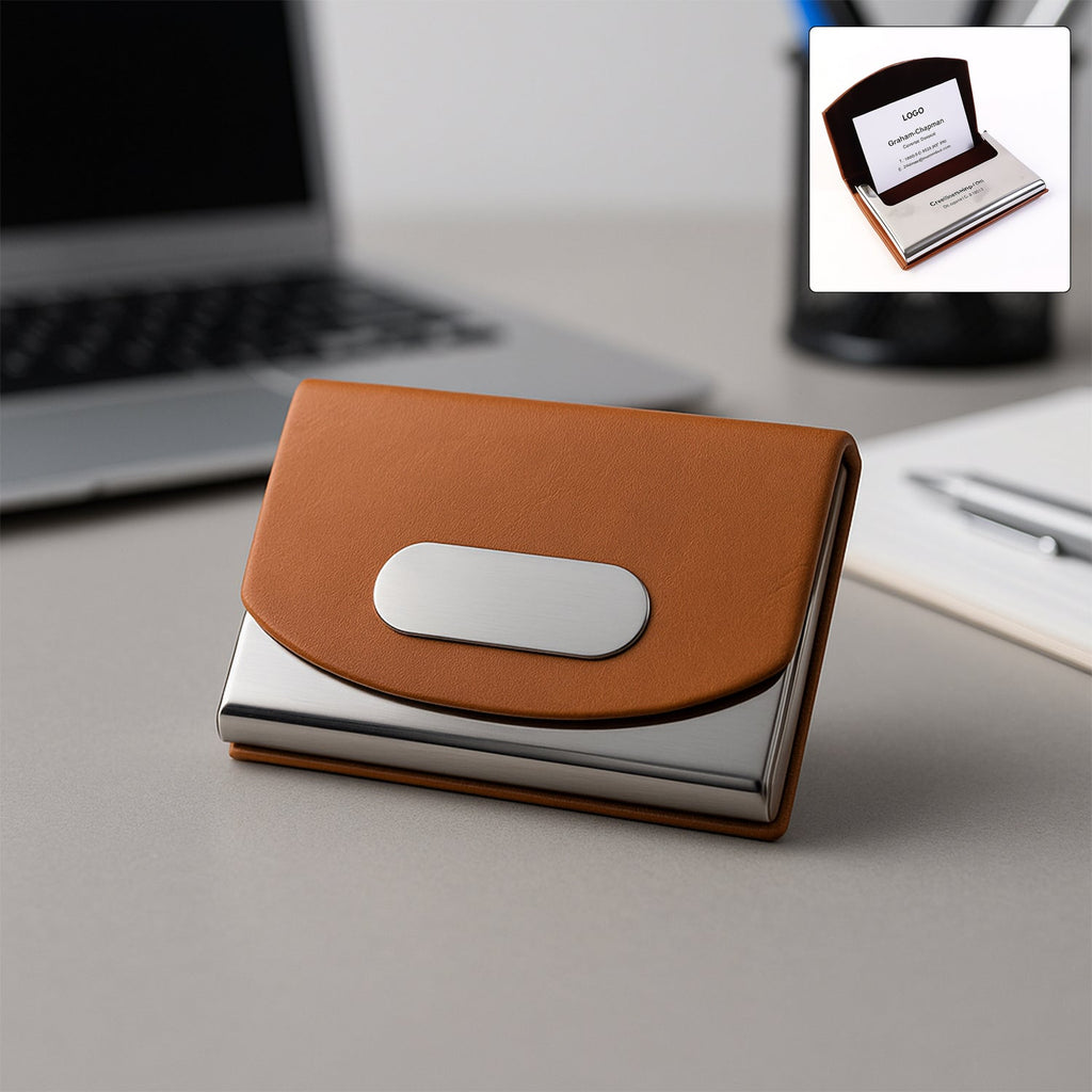 Premium leather business card holder with stainless steel base and brown PU leather