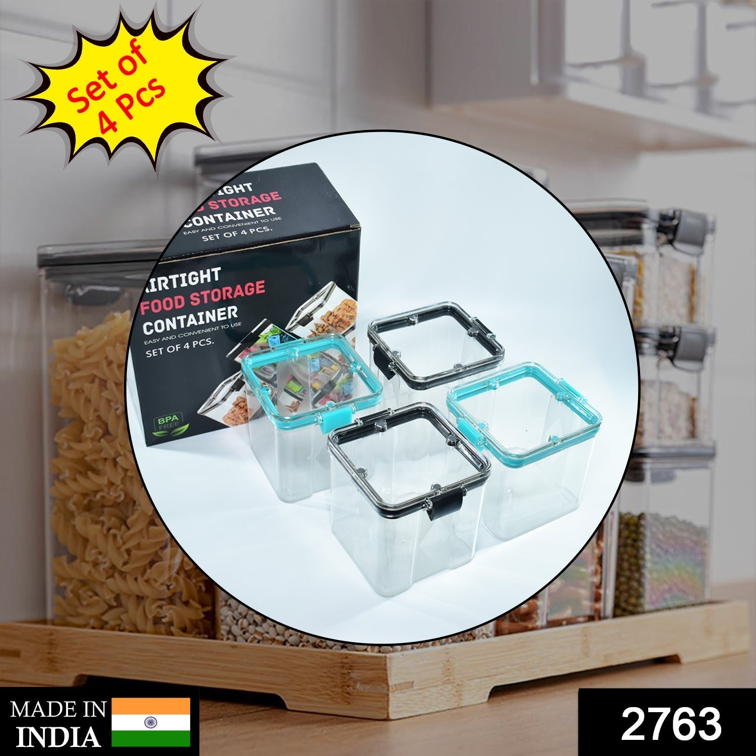 Transparent 700ml square containers with blue lids, neatly arranged for kitchen organisation.