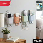 Wall mount phone charging stand with pocket and dual hooks for cables