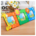 Front view of the vibrant baby photo frame with animal motifs for kids' room decor.