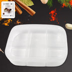 Top view of the empty 5 compartment lunch box, highlighting its spacious dividers.