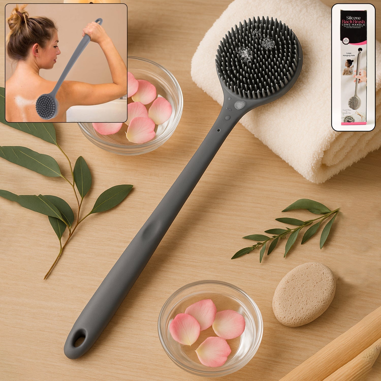 Silicone back scrubber brush with long handle for easy reach and gentle exfoliation