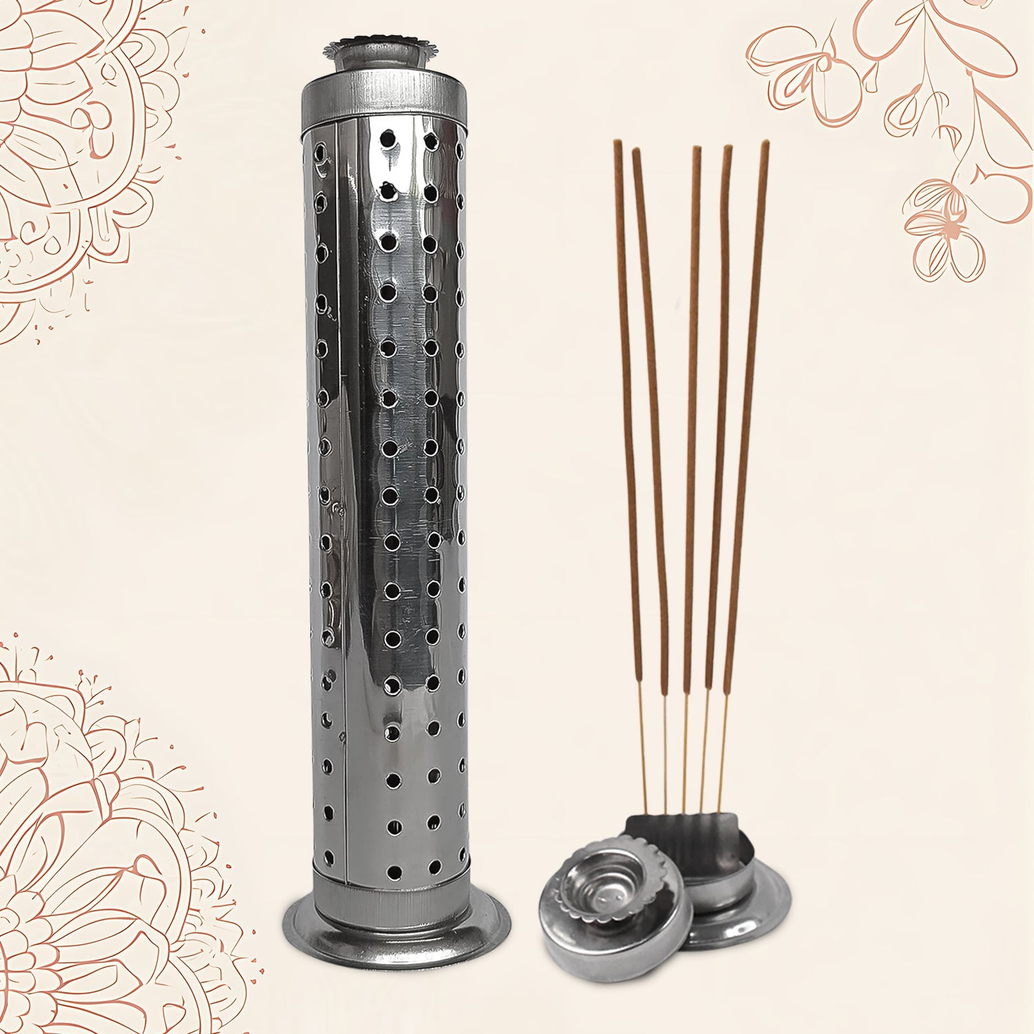 Stainless steel agarbatti stand with ash catcher on white background