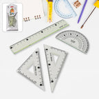 4-piece geometry set with transparent triangle ruler and protractor for precise measurement
