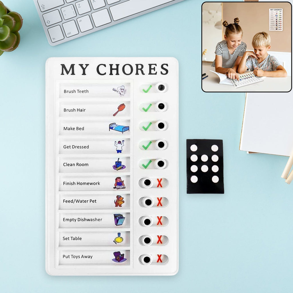 Reusable chore note board from Foloria displaying daily household tasks.