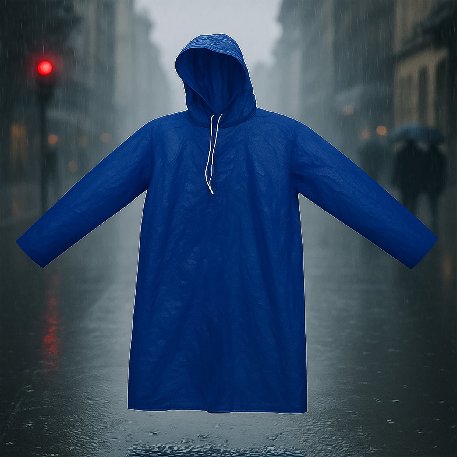 Blue waterproof hooded raincoat for men providing full rain protection.