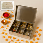 Front view of the closed stainless steel jewelry organizer with engraved lid.
