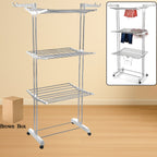 3-tier foldable Cloth Drying Stand in stainless steel with wheels, shown open for use.
