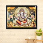 Lord Ganesha Wall Painting with vibrant colors framed in wood, 60x45 cm