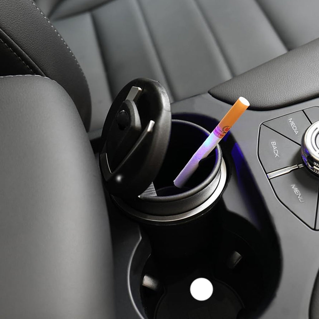 Portable car ashtray with secure lid and glowing blue LED light