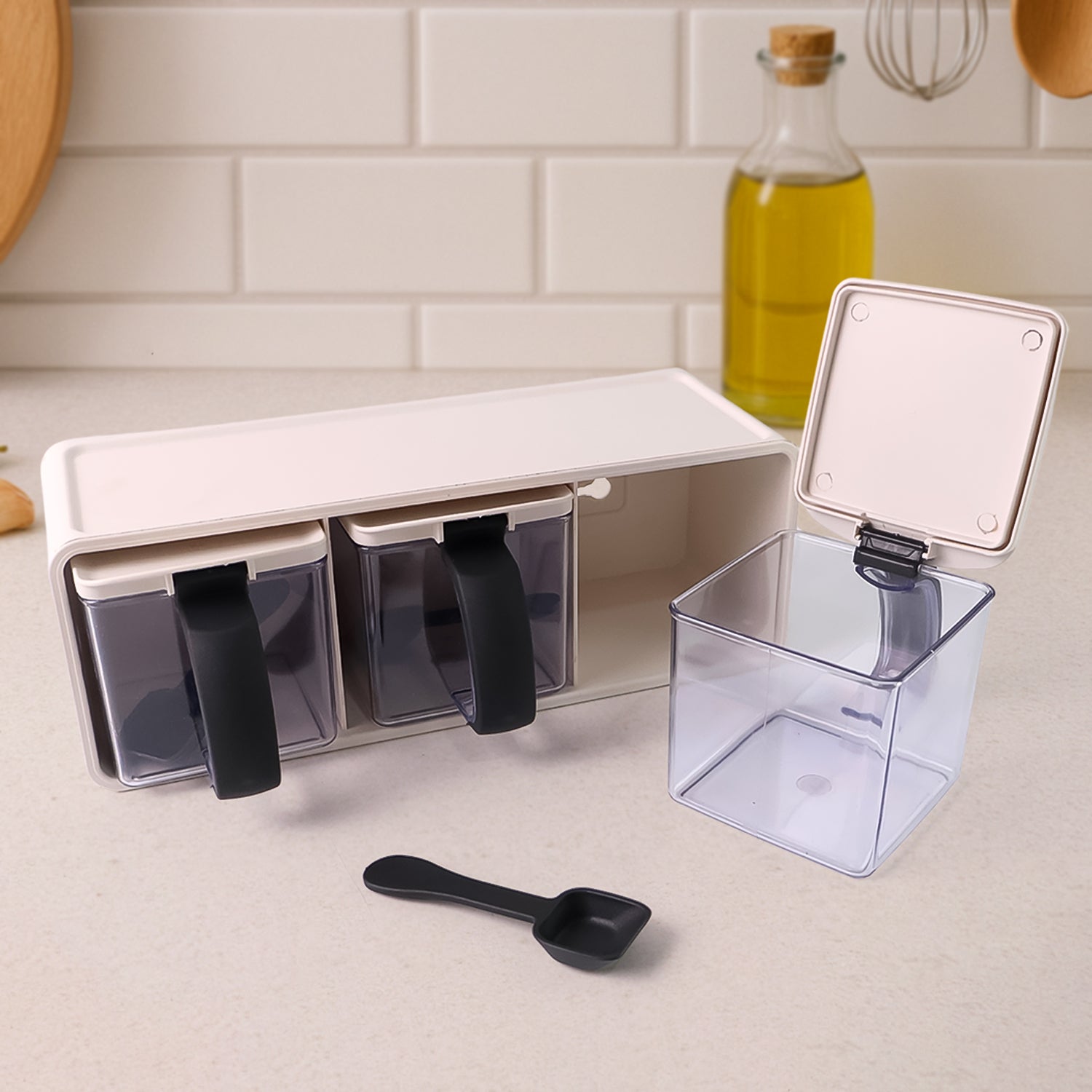 Close-up of Grinss modular spice storage box set featuring airtight hinged lids