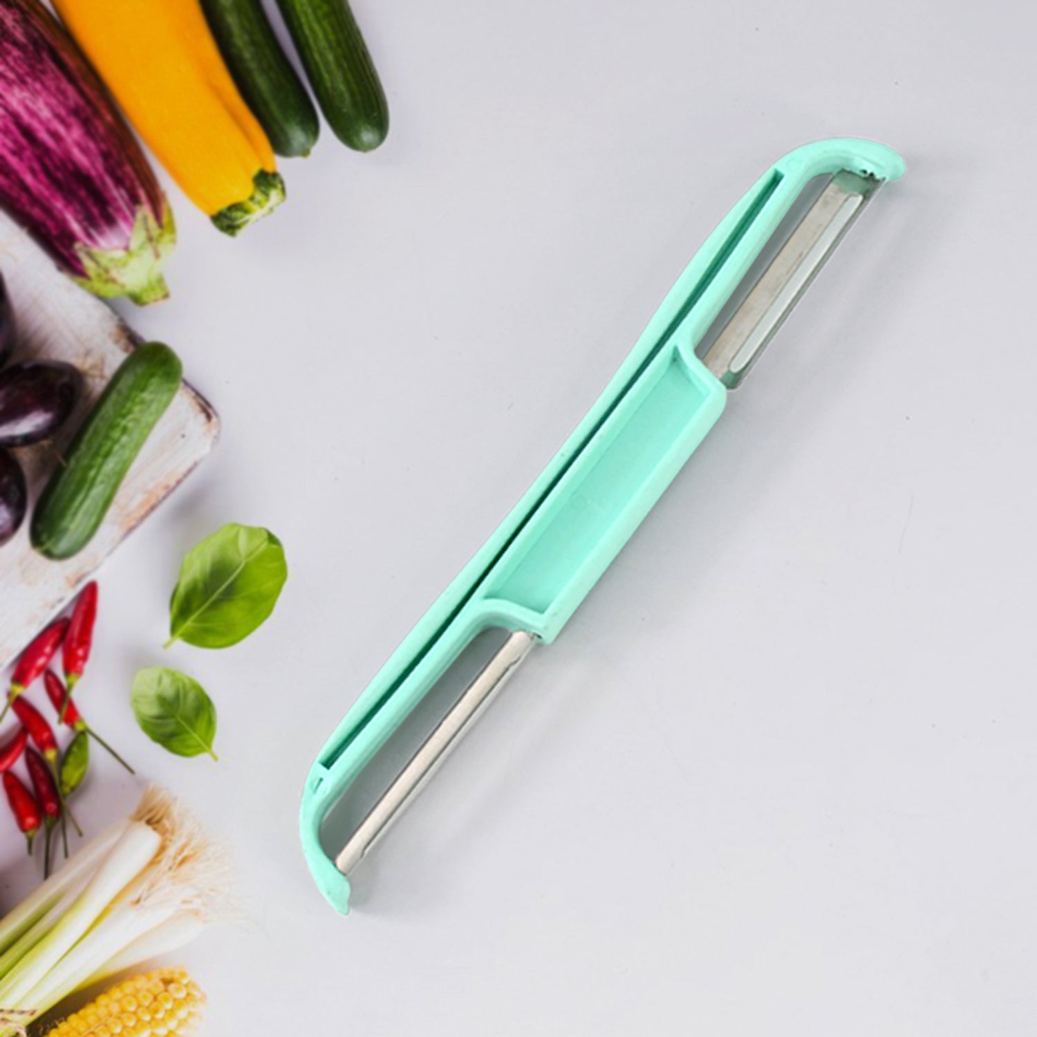 Detailed view of double edge cutter blade on potato peeler