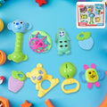 Vibrant 8-piece non-toxic Baby Rattle & Teething Set displayed