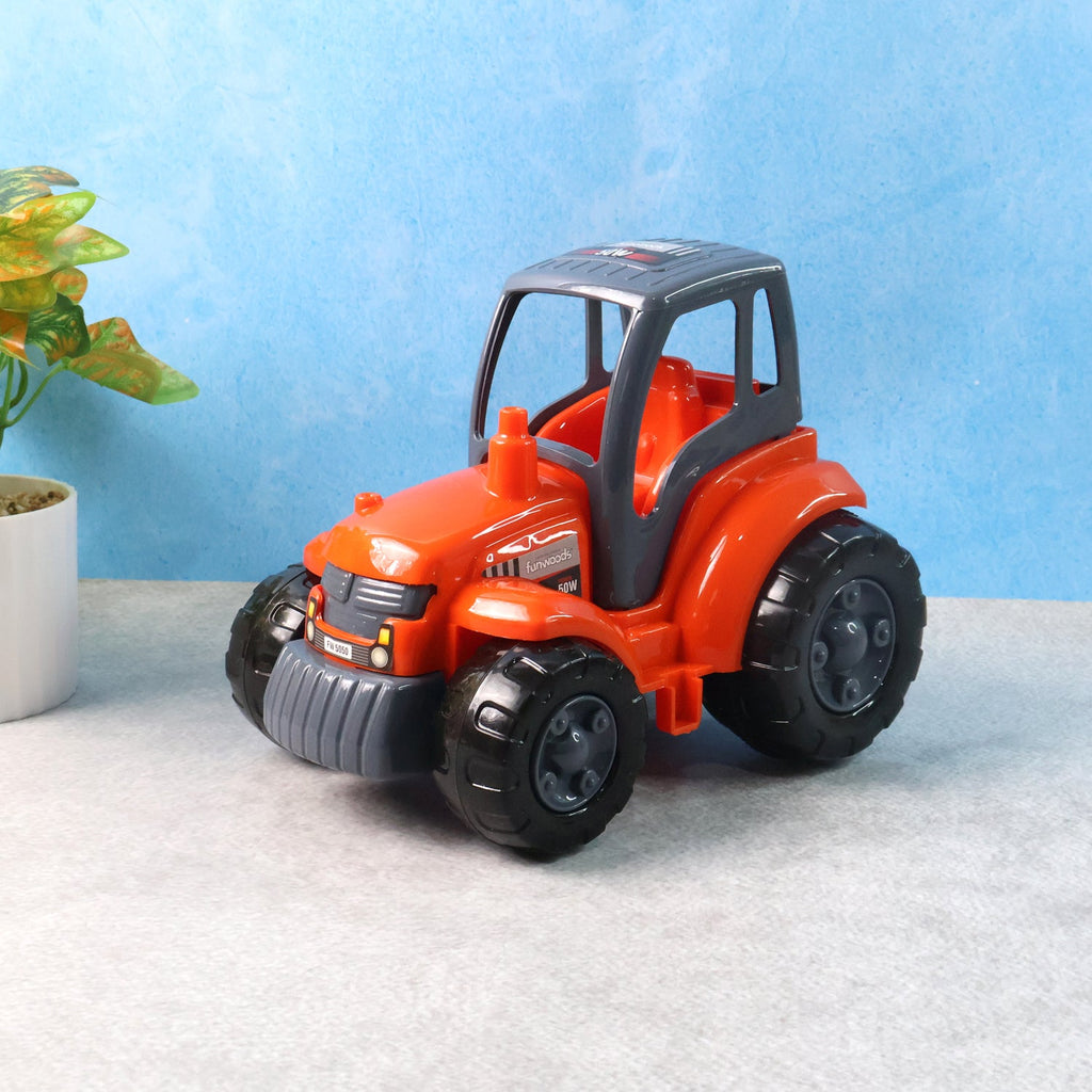Bright orange friction powered tractor toy for kids with rugged wheels