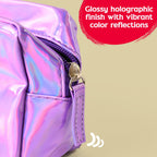 Close up of waterproof holographic texture of the travel cosmetic pouch