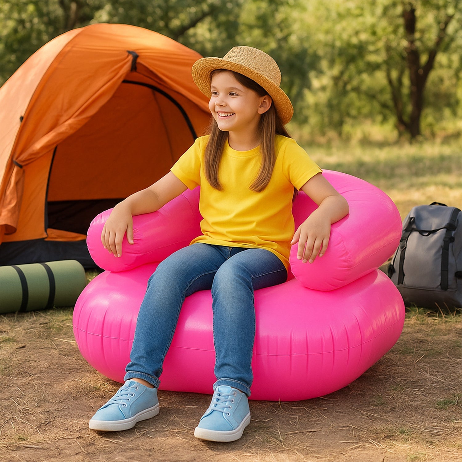Side view of a portable blue inflatable sofa chair for children.