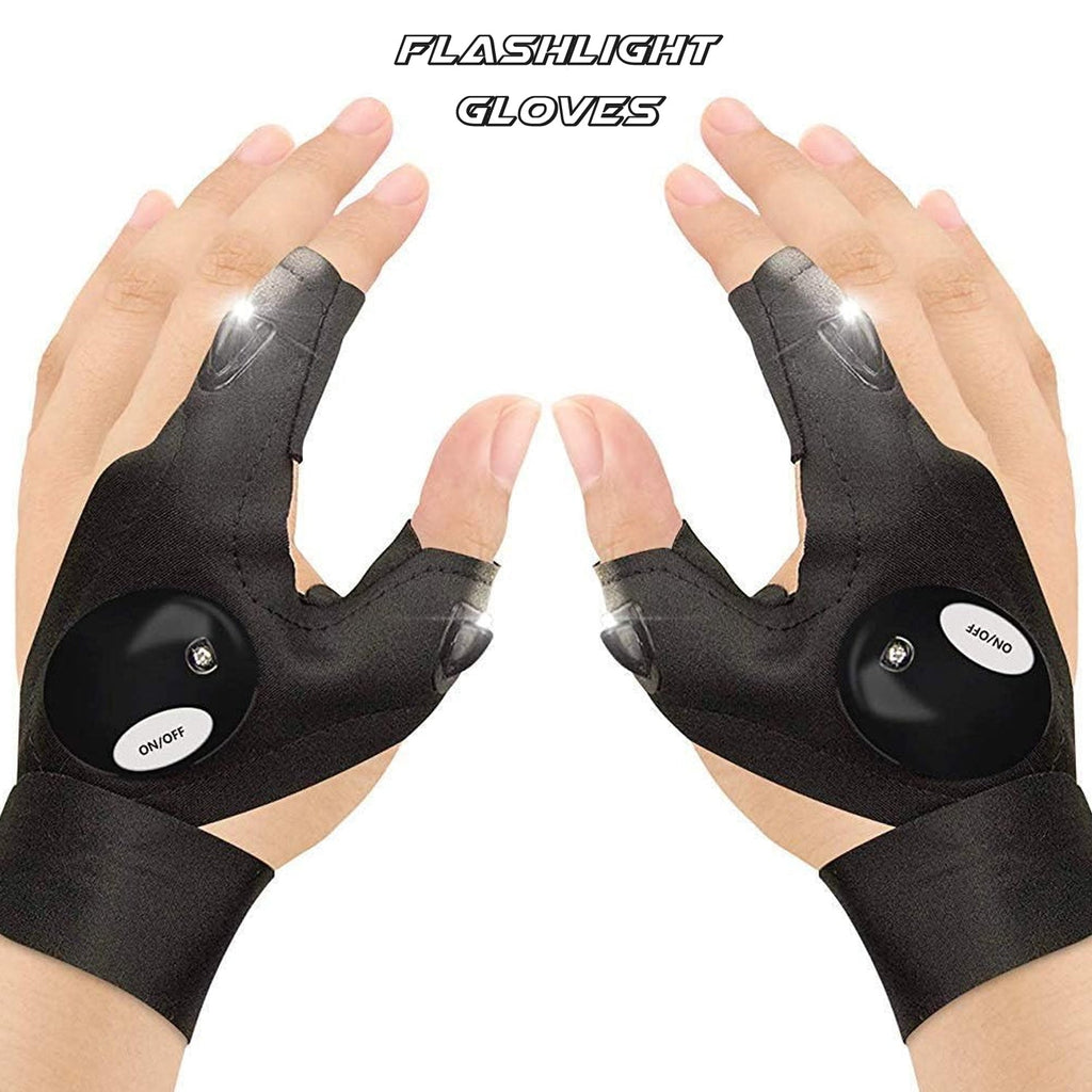 Outdoor flashlight gloves in use, brightly illuminating a path during a night hike.