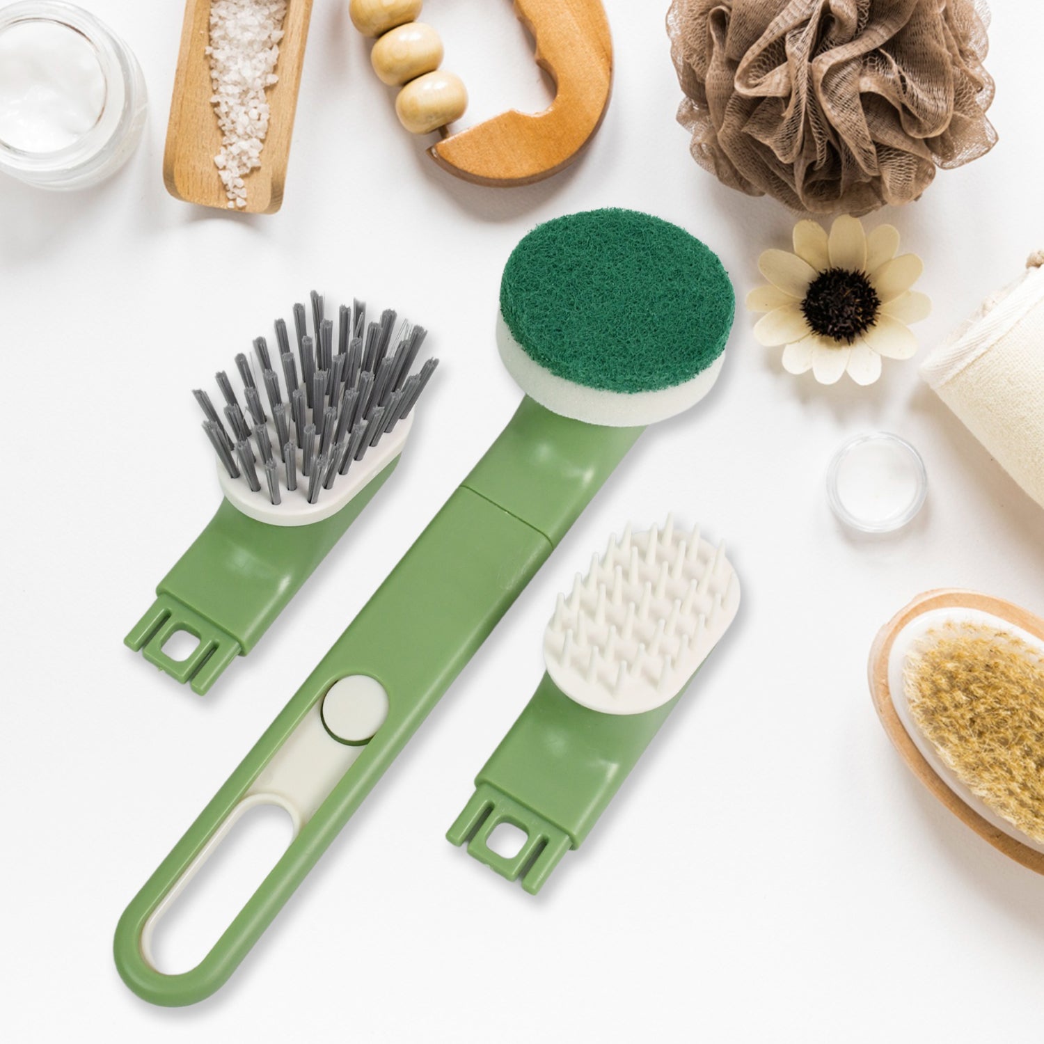 Close-up view of the versatile replacement brush heads for the Dish Brush Set, highlighting their unique textures.