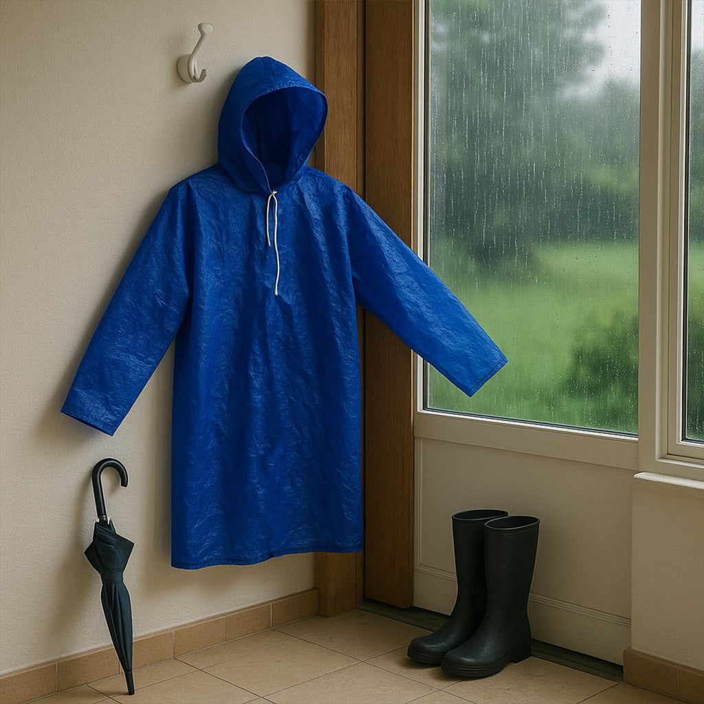Compact waterproof raincoat for men, easy to carry for travel.