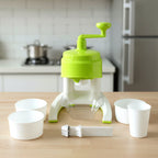 Manual ice crusher with hand crank and colorful bowls for snow cones