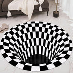 3D space round carpet with checkered vortex optical illusion design