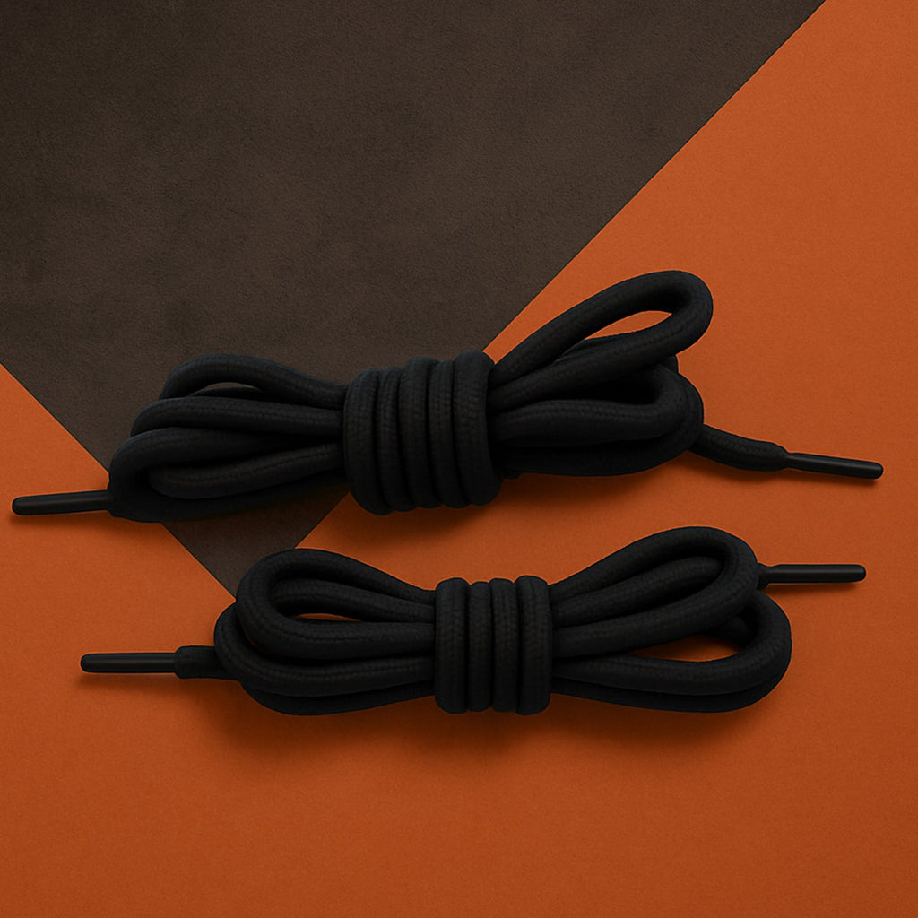 Two pairs of flat polyester shoe laces in different mixed colors, neatly arranged.