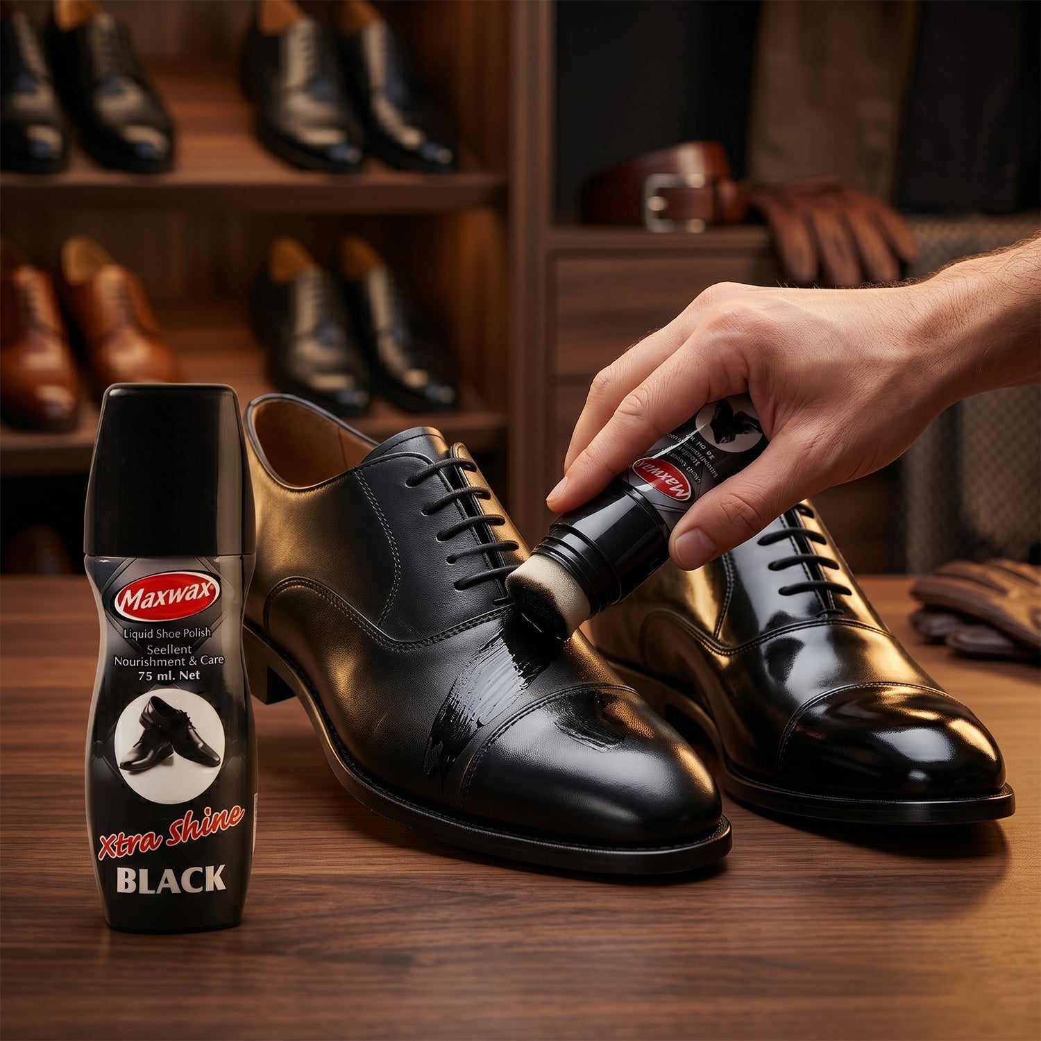 Leather shoes with shiny black polish applied by Maxwax