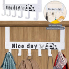White over door hook rack featuring six hooks with playful panda cartoon design