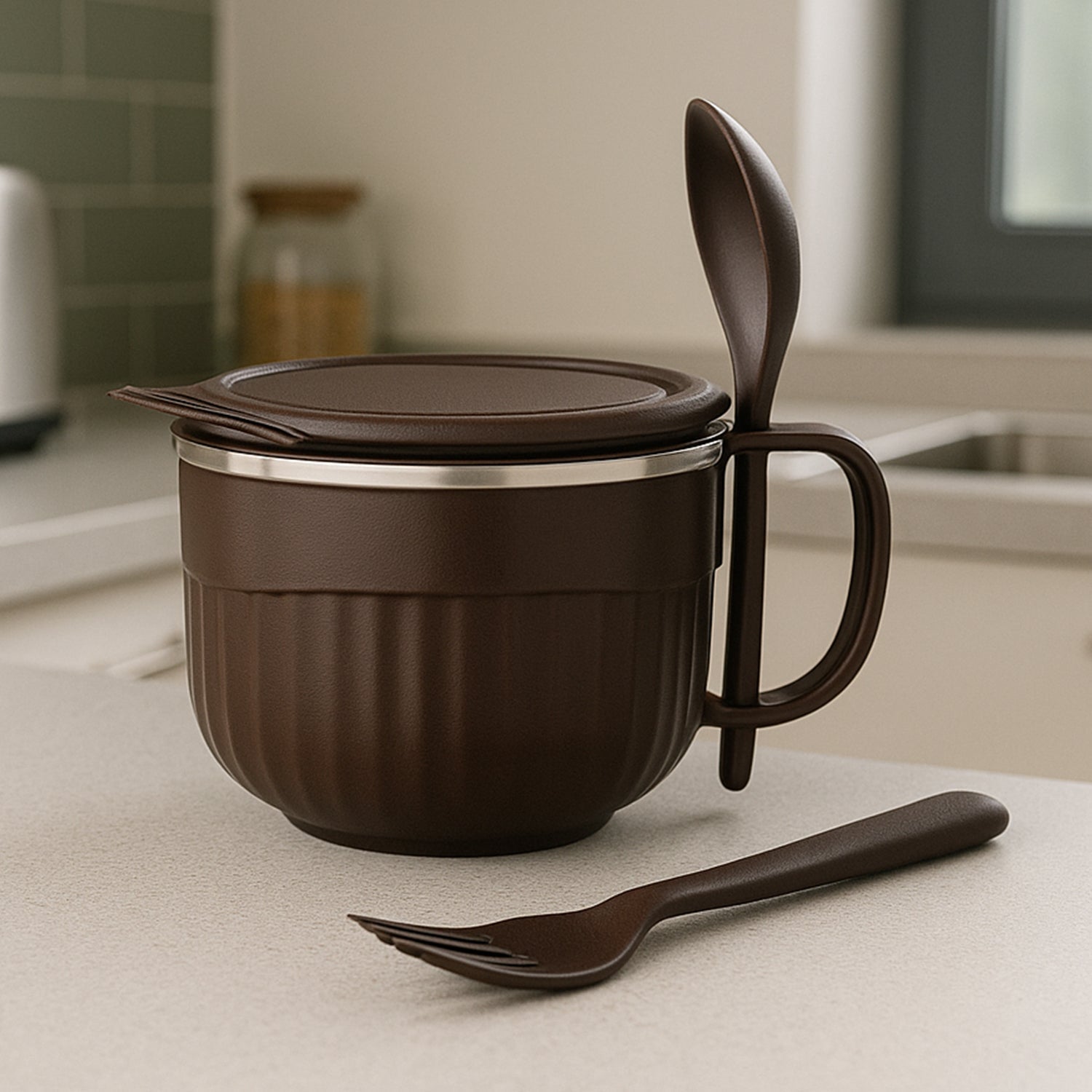 Overhead shot of insulated lunch bowl 650ml with lid and integrated cutlery spoon.
