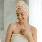 Microfiber hair towel wrap showing tapered design for easy use