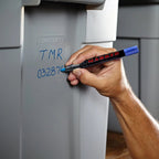 Refillable jumbo tip whiteboard marker in sleek silver and blue design.