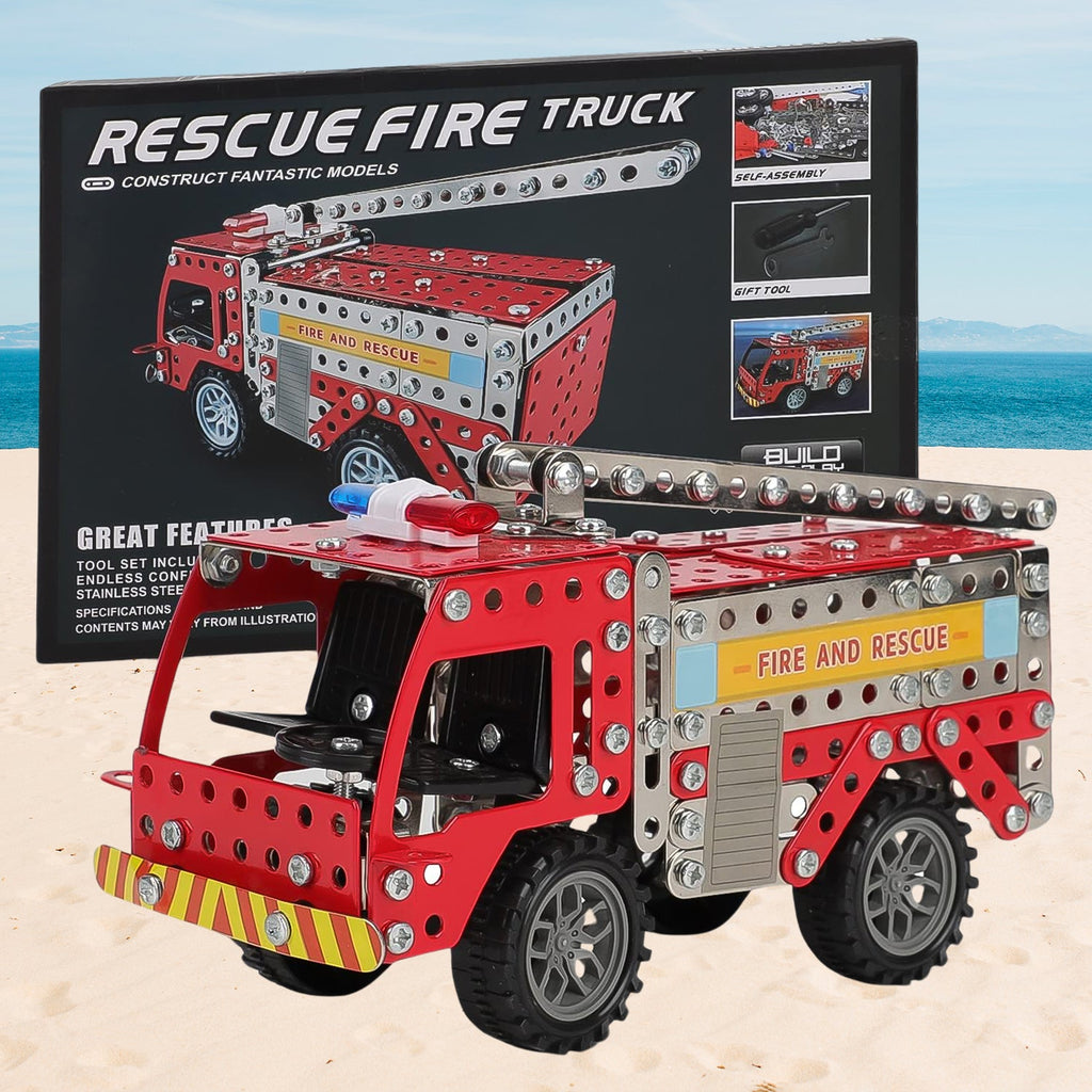 Metal Fire Truck Building Blocks set for kids, fully assembled.