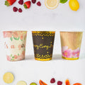 Colourful disposable paper cups in a set, ready for use.