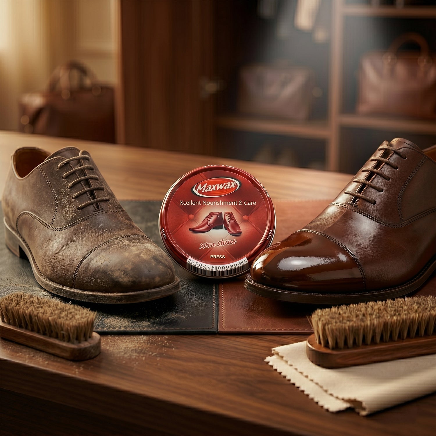 Easy to apply brown shoe polish cream in its convenient compact packaging.