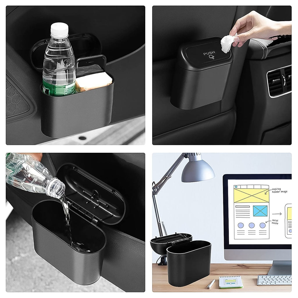 Small plastic trash container designed for car interiors