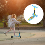Close up of foldable kids scooter showing wide non-slip deck and rear suspension brake