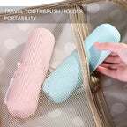 Assorted multicolor Konvex travel toothbrush cases neatly arranged on a white background.