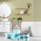 Plastic bathroom accessories set with bucket, mug, stool, and soap case in mixed colors