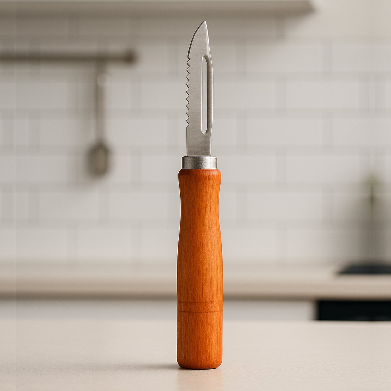 Quickslice wooden handle stainless steel vegetable peeler on a clean white background.