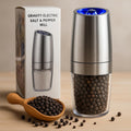 Automatic gravity salt and pepper grinder with stainless steel body and clear spice container