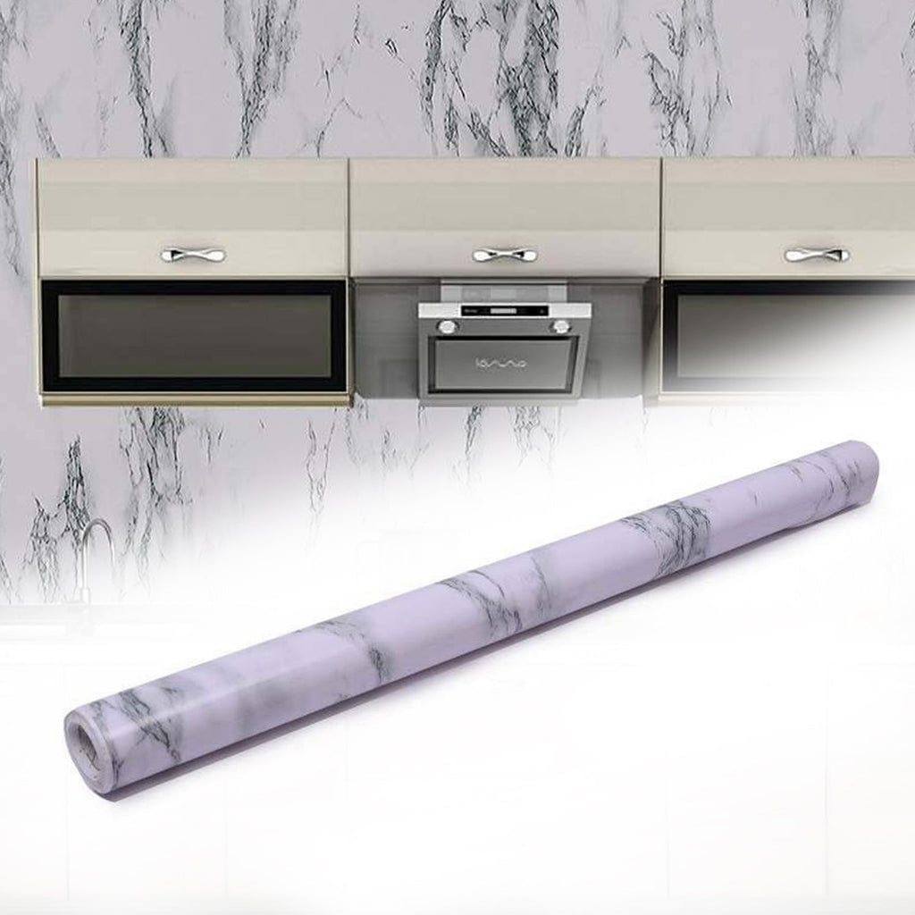 Roll of marble kitchen wallpaper with realistic white and grey pattern