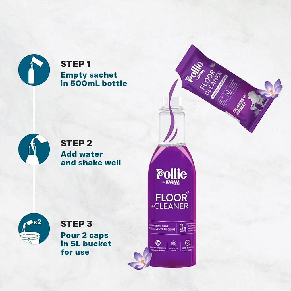 Reusable measuring bottle alongside concentrated floor cleaner sachets